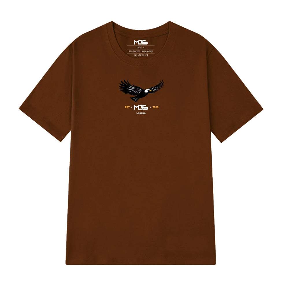 Camiseta Oversized Águia em algodão bordô escuro com estampa de falcão e logo MDS.